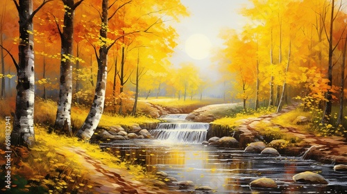 A mesmerizing autumn landscape featuring a winding river framed by vibrant yellow trees  their leaves delicately falling and floating atop the water  creating a scene of serene tranquility.