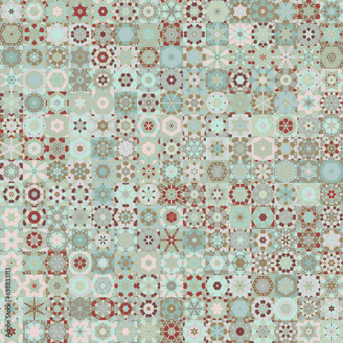 Soft faded color tone floral geometric shapes vintage style seamless pattern background.