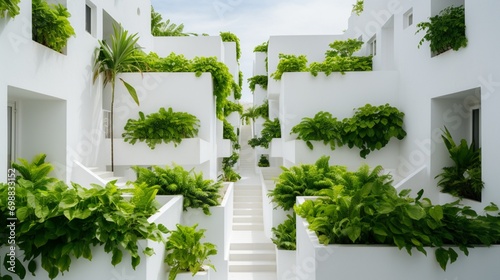 A mesmerizing HD photograph capturing the subtle beauty of white-walled architecture complemented by vibrant green plants, creating a tranquil and inviting atmosphere.