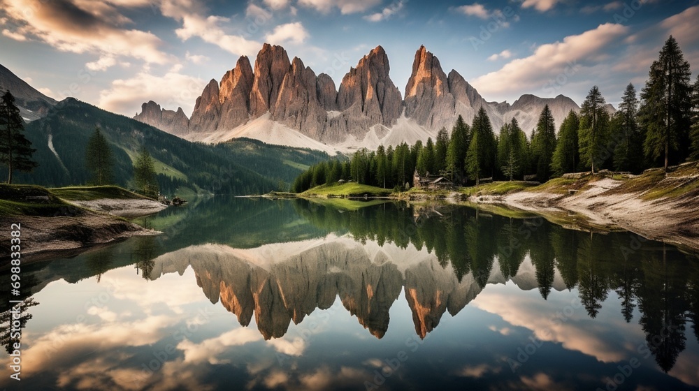 A mesmerizing photograph of the breathtaking scenery of Santa Maddalena in the Italian Dolomites, with the rugged mountain range reflected in a tranquil alpine lake, creating a mirror-like effect.