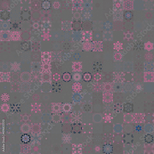 Smoky grey color tone, floral geometric shapes vintage concept seamless pattern background.