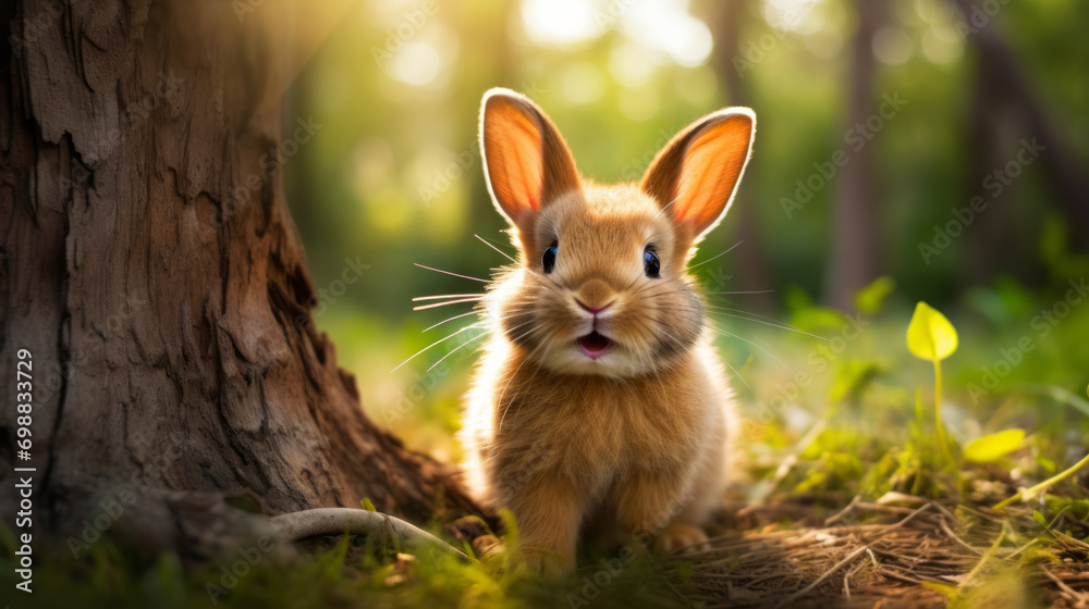 A cute, fluffy brown rabbit sits near a tree in the sunlight, with greenery around it. - obrazy, fototapety, plakaty 