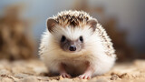 A hedgehog faces forward with curious eyes on a sandy surface.
