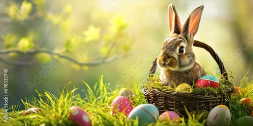 Easter rabbit with long ears sits by a basket filled with colorful eggs in grass. web banner design photo