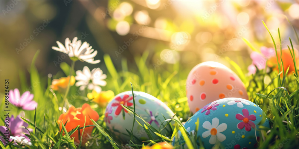 Colorful Easter eggs in grass with flowers and sunlight in the background. web banner design Colorful Easter eggs in grass with flowers and sunlight in the background. web banner design
