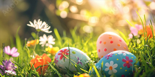 Colorful Easter eggs in grass with flowers and sunlight in the background. web banner design