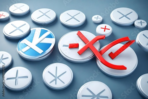 Right and wrong, acceptance and rejection concept. Round icons buttons with a check mark and cross. 3d renderingv photo