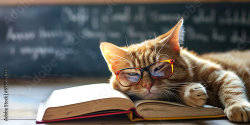 A ginger cat with glasses lying on an open book in front of a chalkboard. web banner design