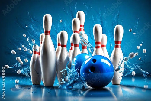 Bowling strike concept. Blue Bowling Ball hits bowling pins. Transparent background photo