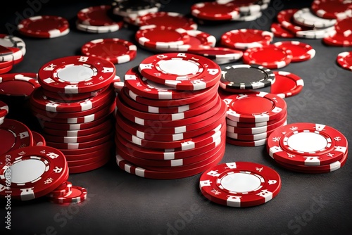 Stack of red poker casino chips isolated on white. Gamble, gaming, casino, poker concep photo
