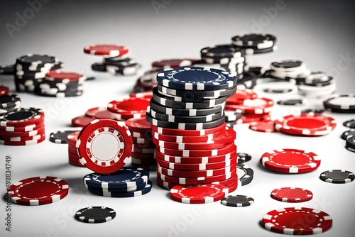 Stack of red poker casino chips isolated on white. Gamble, gaming, casino, poker concep photo