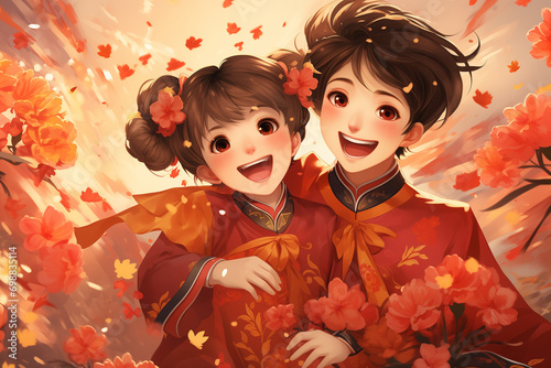 Celebrating Chinese New Year 2024 with Family, Lively Artistic Drawing, Family Unites for a Heartwarming Lunar New Year Celebration Full of Love and Joy photo