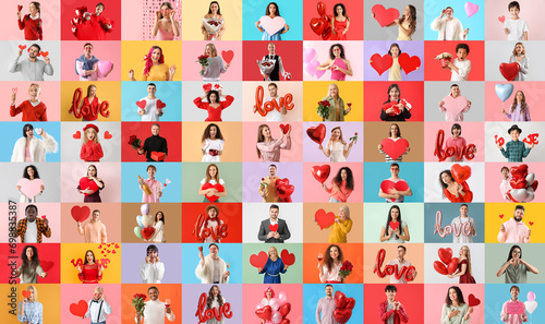 Big collage of people with hearts on red background. Valentines Day celebration photo