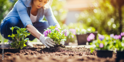 Fototapeta Naklejka Na Ścianę i Meble -  A woman plants flowers in soil, gardening outdoors on a sunny day. web banner design