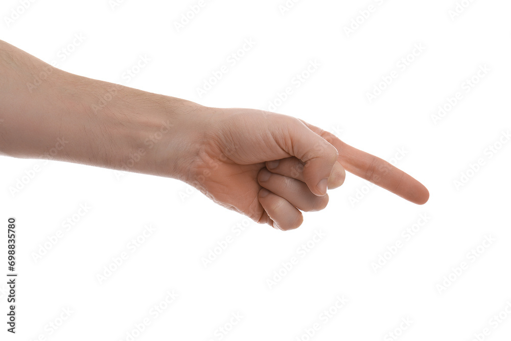 Man pointing with index finger on white background, closeup Man pointing with index finger on white background, closeup