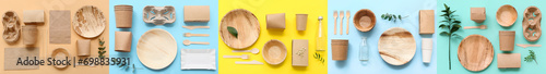 Set of eco tableware on color background photo
