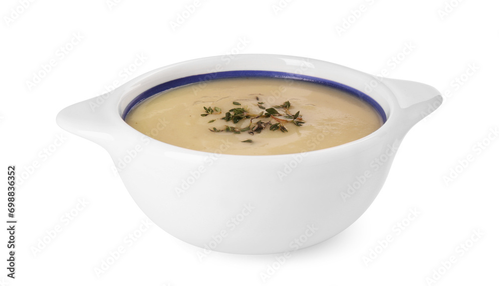 Tasty leek soup in bowl isolated on white Tasty leek soup in bowl isolated on white