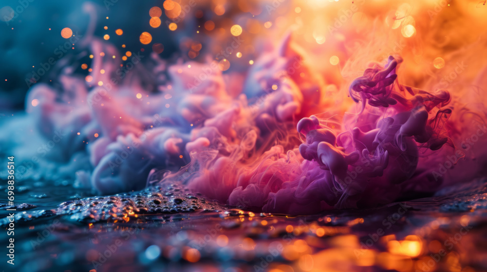 Colorful smoke and glitter with a bokeh effect on water.