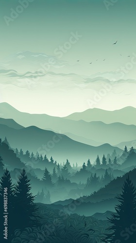 Green Forest Mountain Sky Nature Background Minimalist Abstract Mono Color Landscape Vertical App Wallpaper or Website Background