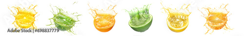 Fresh citrus fruits with splashing juice on white background, set