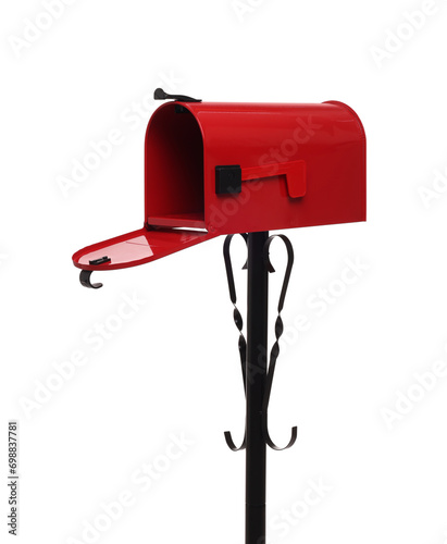 One open red mailbox isolated on white