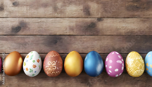 Colorful decorated easter eggs on a wooden background wooden table. Happy Easter, Springtime, Seasons, Nature, April, Flower petals, From the front, angle of view from the front, Copy Space