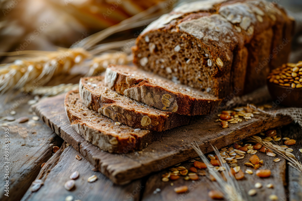 Whole grain goodness, a composition featuring whole grain bread slices, seeds, and ingredients, emphasizing the health benefits and nutritional value of whole grain bread. Whole grain goodness, a composition featuring whole grain bread slices, seeds, and ingredients, emphasizing the health benefits and nutritional value of whole grain bread.