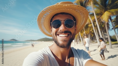 close-up shot of a good-looking male tourist. Enjoy free time outdoors near the sea on the beach. Looking at the camera while relaxing on a clear day Poses for travel selfies smiling happy tropical #698840503