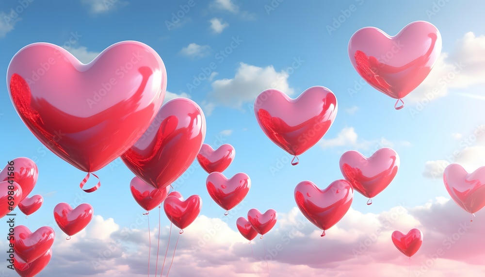 Pink and Red Heart Balloons Soaring in the Sky