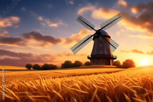 Rustic Windmill in the Evening Fields