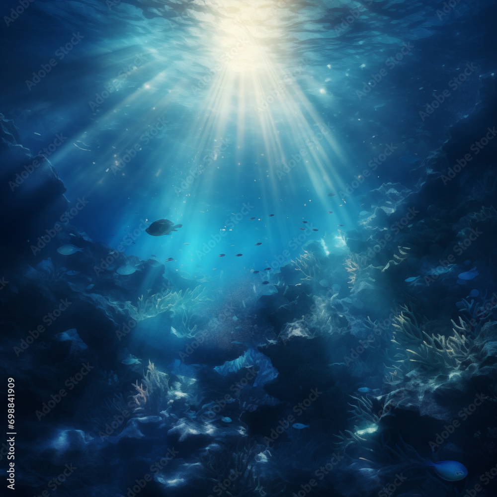 Underwater sea world. Deep abyss with blue sun light