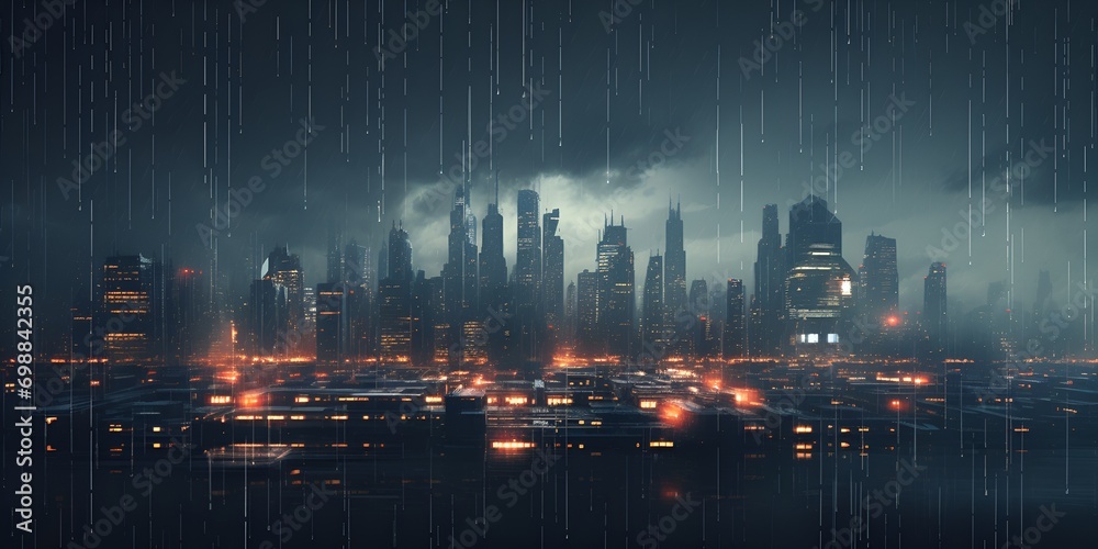 3D Render Digital Rain Falling Over a City Skyline, Digital Rain, City, Urban