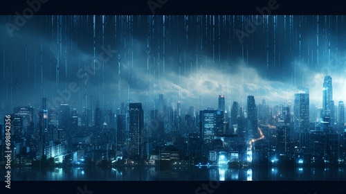 3D Render Digital Rain Falling Over a City Skyline  Digital Rain  City  Urban