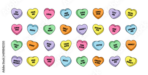 Sweet heart shape candy set. Valentines day concept. Isolated on white background. Different color bundle. Conversation, Love text. Romantic colorful element collection. Flat line vector illustration.