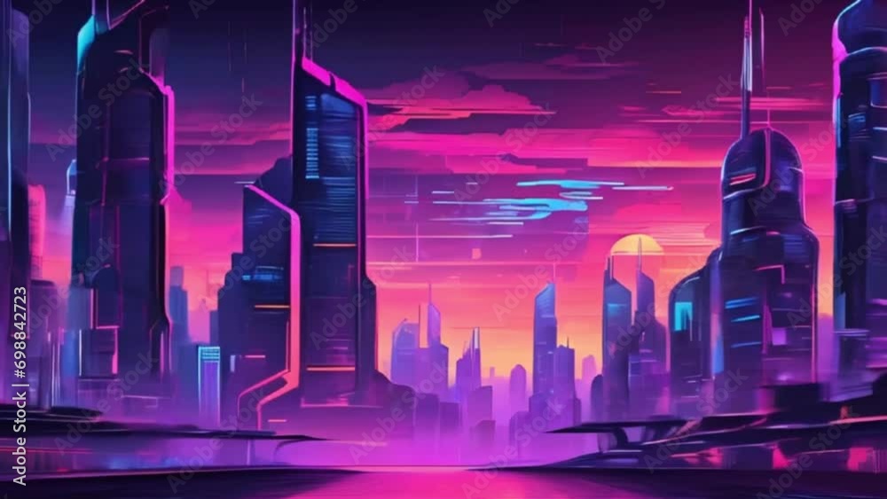Background in cyberpunk style. Neon color design, future city sunset, motion