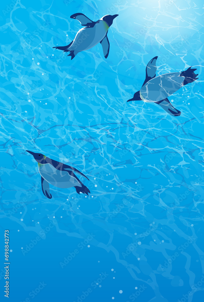Obraz premium 水中を泳ぐペンギンのイラスト