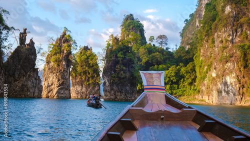 Khao Sok Thailand, Scenic mountains on the lake in Khao Sok National Park, Drone aerial shot, top view of Khao Sok National Park. South East Asia photo