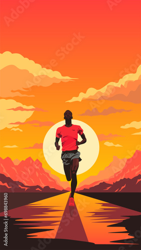 Young man running through a sunny desert landscape.