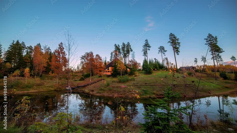 Wooden forest home with lake nearby, motion time lapse view Wooden forest home with lake nearby, motion time lapse view