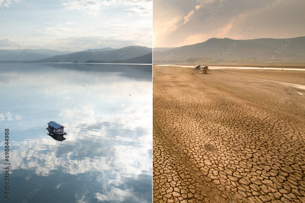 Comparison before and after of lake impacted by climate change and high temperatures in the summer. - obrazy, fototapety, plakaty 
