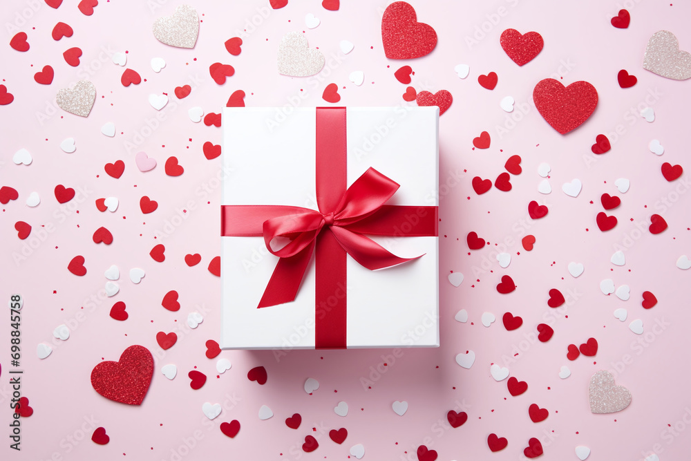 Valentine's gift box with red ribbon among heart confetti on pink background, festive romantic surprise concept. AI Generative Valentine's gift box with red ribbon among heart confetti on pink background, festive romantic surprise concept. AI Generative