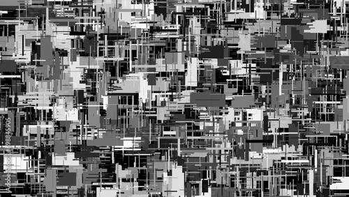 Abstract futuristic cyberpunk displacement map for 3d rendering. Complex and intricate black and white texture with rectangular chaotic layered shapes. Glitch art grunge texture. Vector background photo