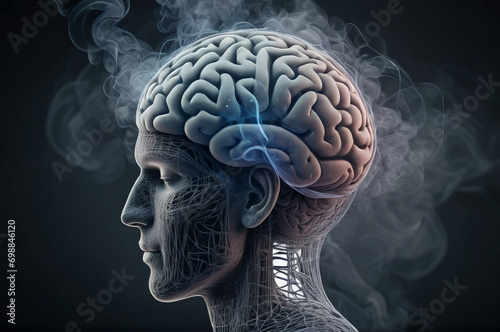 illustration of thought and consciousness melting with reality, smoke extending from a skull with a brain and a person made of neural lines