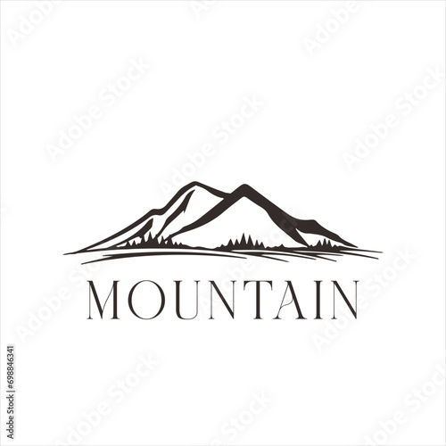 mountain landscape outdoor vector template. mount with pine evergreen tree graphic illustration.