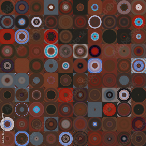 Dark brown geometric circle shapes vintage style seamless pattern background.