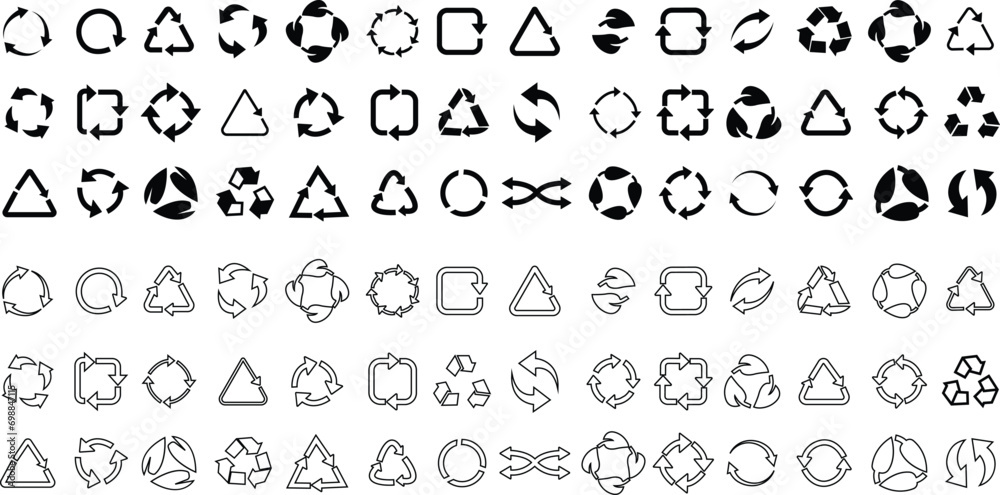 Set of Black flat Recycle icons. Rounded angles. Ecology, Bio rotation arrows, leaf symbols editable stock that revolve endless Reuse concept Recycled. Signs illustration on transparent background.