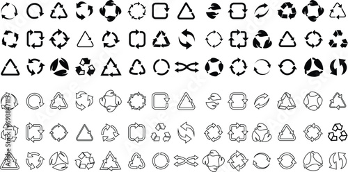 Set of Black flat Recycle icons. Rounded angles. Ecology, Bio rotation arrows, leaf symbols editable stock that revolve endless Reuse concept Recycled. Signs illustration on transparent background.