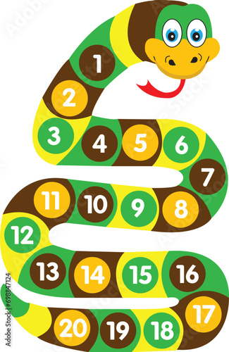 Comic snake with numbers and colors. Illustration of a board game shaped like a viper. Vibora smiles with his tongue out on a white background. Green snake character