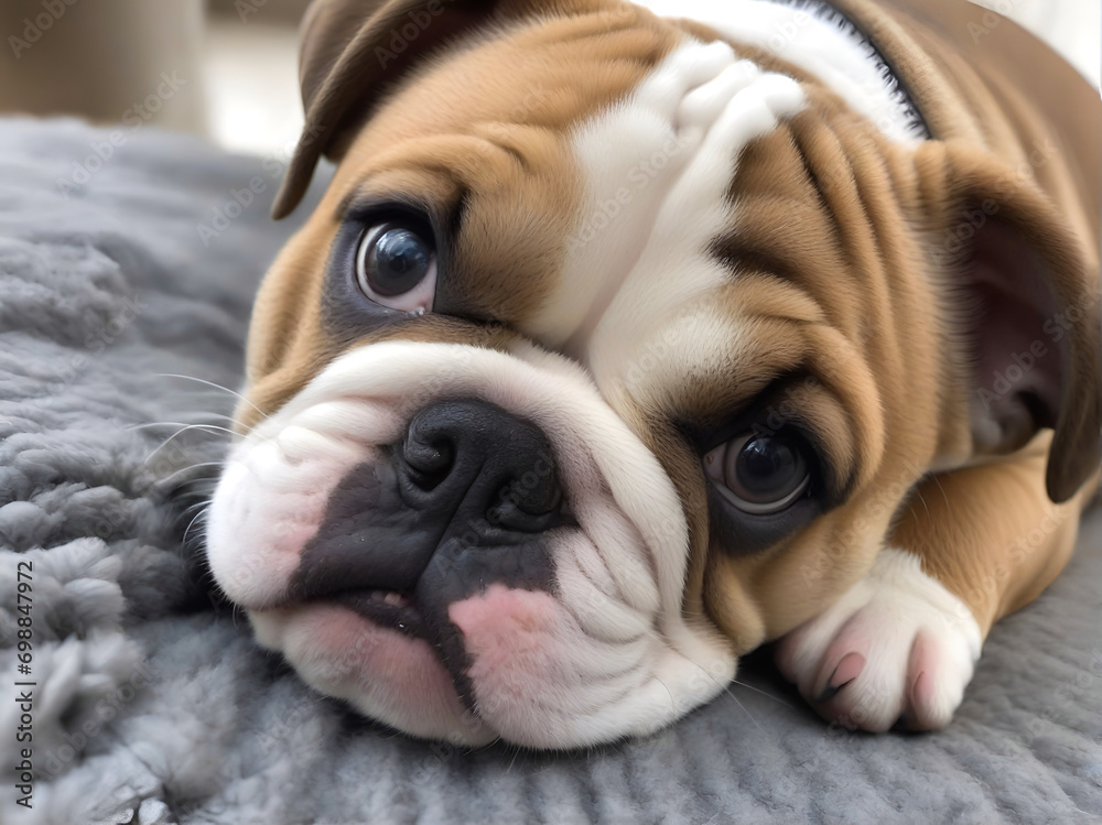 Retrato de un perro bulldog ingles recostado Retrato de un perro bulldog ingles recostado