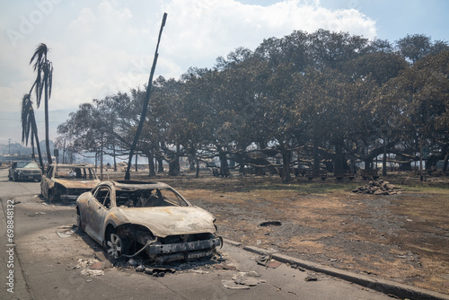 The burned out remains of a car sits in front of the famous and historic banyan tree of Lahaina Maui Hawaii.  The day after the devastating fires that destroyed the town.